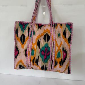 Ethnic Ikat Print <b>Canvas</b> Tote <b>Bag</b> Women Bohemian Style Geometric Pattern Shoulder <b>Bag</b> <b>Large</b> Capacity Daily Use - Product Image 2