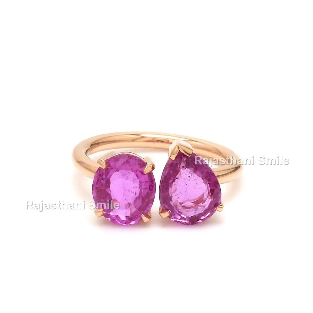 Natural Pink Sapphire 14K solid rose gold pear and oval cut gemstone two stone toi et moi ring 9 x 7 mm stone size