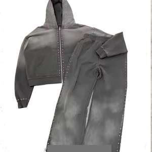 Survêtements zippés pour hommes en coton 100% French Terry, entièrement ornés de strass, effet délavé, coupe ample, vente en gros - Product Image 4