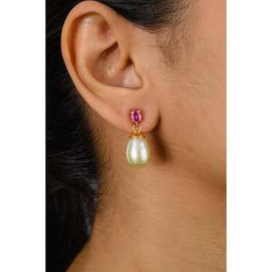 18K Gold Pearl Drop <b>Earrings</b> with Prong Set Pink Sapphire - Product Image 4