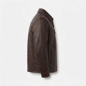 Chaqueta de Motociclista de Cuero Genuino para Hombre Relevo, Color Marrón Oscuro, Cuello Camisero, Cierre de Cremallera Frontal, Logotipo, Color Sólido, Estilo Otoñal - Product Image 6