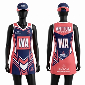 Robe de netball personnalisée sublimée, bleue, géométrique, sans manches, avec fermeture éclair, uniforme d'équipe, nom et numéro personnalisés, vêtements de sport pour femmes, OEM ODM - Product Image 4