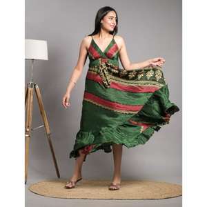 Maxi vestido de seda vintage con estampado de cintura elástica y tela lavable de diseño sin espalda para fiestas informales de verano en la playa - Product Image 4