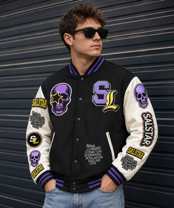 Veste universitaire personnalisée pour homme, veste bomber de baseball noire et violette avec broderie de crâne | Fabricant en gros OEM/ODM - Product Image 3