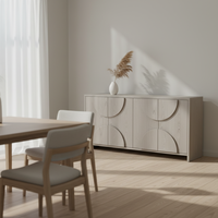 Buffet moderne en chêne demi-cercle en MDF avec panneau arqué à 4 portes, armoire multifonctionnelle écologique