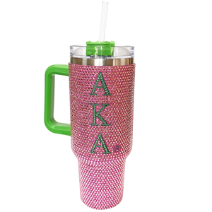 AKA Pink Bling Insulated Tumbler <b>Cup</b> <b>with</b> Handle Sparkling Rhinestone Style Reusable Travel Mug <b>with</b> <b>Straw</b> Sorority Drinkware - Product Image 1