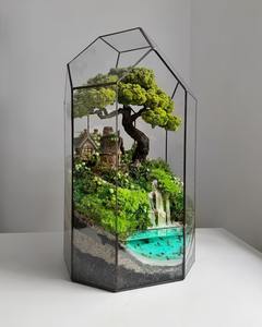 Tall Glass Terrarium With Cottage Landscape Waterfall And Bonsai Style <b>Tree</b> Indoor Table Decor For Home Office And Gifting - Product Image 2