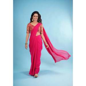 Sari rose en georgette pure taille unique avec chemisier brodé lourd non cousu, orné pour mariages Inde/Pakistan - Product Image 4