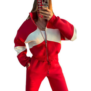 Ensemble de survêtement deux pièces en molleton de coton pour femme, avec sweat à capuche zippé color block rouge et pantalon large, style streetwear tendance - Product Image 2