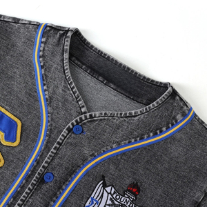 เสื้อเบสบอลเดนิมสีดำ SGRHO แขนสั้นติดกระดุมด้านหน้า ชุดทีมกีฬาระดับพรีเมียม เสื้อเบสบอลลำลองสำหรับฝึกซ้อมกีฬา - Product Image 5