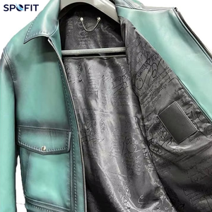 SPOFIT Veste en cuir véritable pour homme, dégradé vert menthe, fermeture éclair, col rabattable, manteau de moto décontracté - Product Image 5