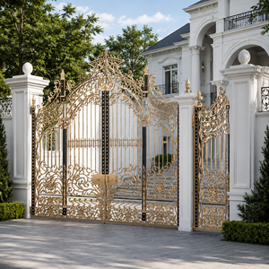 Portail de villa en fer forgé doré de luxe, porte d'entrée double ornée avec portillon piétonnier latéral pour l'extérieur d'une résidence de prestige - Product Image 3