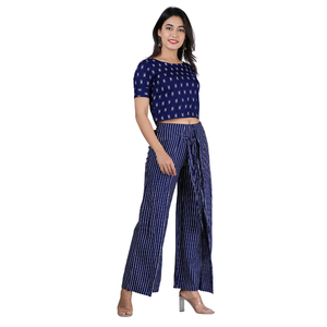 Ensemble 2 pièces pour femmes, haut court imprimé, pantalon palazzo rayé, manches courtes, col rond, coupe régulière, décontracté, printemps-été - Product Image 4