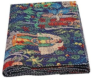 Edredón Estampado a Mano con Patrón Floral, Fondo Azul, Decoración Tradicional para el Hogar, Uso en Todas las Estaciones, Material de Algodón - Product Image 4