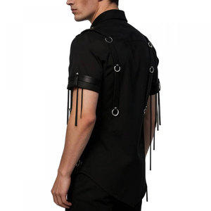 <b>Men's</b> Black Gothic Punk Shirt Short Sleeve Button Down D-Ring Fringed Sleeves Faux Leather Panel Factory Supplies - Product Image 2