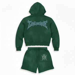 City Collective Men's Green Hoodie Shorts <b>Set</b> Digital Print Street Style Autumn Wear - Product Image 2