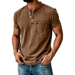 T-shirt pour homme en coton 100% lavé, fabriqué par OEM, col Henley, manches courtes, décontracté, effet délavé, vintage, coupe ample, été - Product Image 4