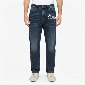 WIZE INTERNATIONAL Jean en denim coupe droite bleu foncé pour homme, taille haute, fermeture boutonnée, décontracté, 100% coton, délavé - Product Image 1