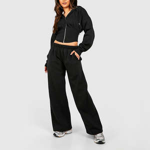 Conjunto de Dos Piezas para Mujer, Sudadera Corta con Cremallera y Pantalones Deportivos, Color Negro Sólido, Felpa, Ropa Casual, Corte Regular, Ecológico, Otoño - Product Image 3