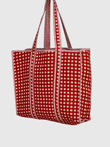 Bolsa de Mano de Lona a Cuadros Rojos con Asas a Rayas, Cierre Abierto, Diseño Moderno, Bolsa de Compras para Mujer, Todas las Temporadas - Product Image 3