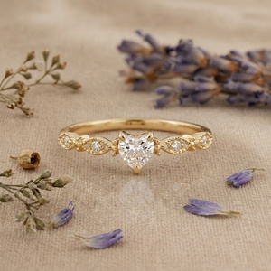 Heart Cut Moissanite Promise <b>Ring</b> Vintage Milgrain Engagement <b>Ring</b> for Women 14K Gold Minimalist <b>Ring</b> - Product Image 1