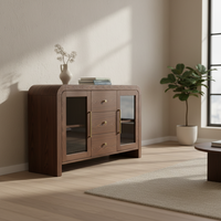 Buffet de salon avec trois tiroirs centraux et trois portes vitrées latérales, en bois d'hévéa écologique, MDF et chêne