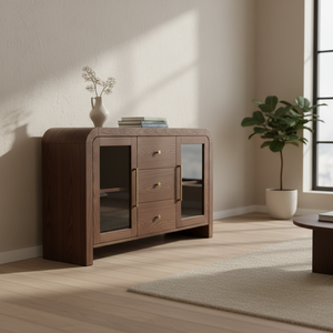 Aparador para Sala de Estar, Mueble Buffet con Tres Cajones Centrales y Dos Puertas Laterales con Frente de Vidrio, Diseño Moderno en Colores Dinámicos - Product Image 2