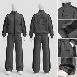 Ensemble de survêtement pour femme gris anthracite et noir avec veste zippée, imprimé minimaliste, pantalon de jogging ample à jambes larges en coton respirant - Product Image 2