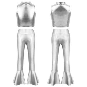 Costume de danse pour filles de 8 à 14 ans, haut court à col roulé métallique avec pantalon pattes d'éléphant, tenue de scène, danse de salon - Product Image 2