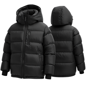 Chaqueta Acolchada con Capucha Negra Unisex, Chaqueta de Invierno Gruesa con Relleno de Plumón, Cierre de Cremallera Informal, Corta, Resistente al Viento - Product Image 2
