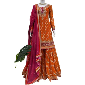 Indian Bollywood Ethnic Stitched <b>Kurta</b> Chinon <b>Silk</b> Heavy Embroidery Sharara Salwar Suit/Palazzo Suit Women Party Winter Summer - Product Image 1