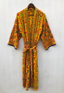 Camisón Kimono Floral con Cuello en V para Mujer, Estilo Phulkari Nupcial, 100% Algodón Tejido, Cintura Elástica, Mangas Largas, Opción Personalizada - Product Image 6