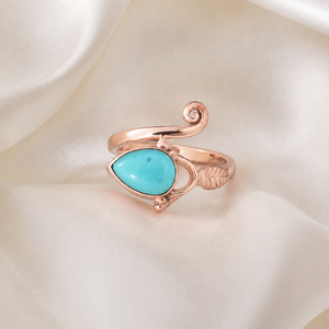 925 Sterling Silver Bezel Set Pear Turquoise Plant Pattern <b>Adjustable</b> <b>Ring</b> Handmade Boho Style Rose Gold Gold Plated Women's - Product Image 4