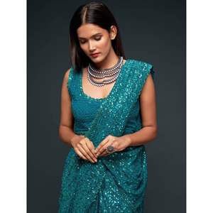 Atractivo verde azulado con lentejuelas Georgette Party Wear Saree - Product Image 2