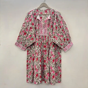 Vestido casual midi de mujer, 100% algodón, tejido, liso/con estampado floral, detalles estructurales, cuello en V, manga corta, estilo imperio, talla grande - Product Image 1