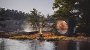 Cabina de Sauna Exterior en Forma de Cubo con Exterior Negro, Ventana Redonda Grande y <span class=keywords><strong>Chimenea</strong></span>, <span class=keywords><strong>Cabaña</strong></span> de Sauna para Jardín - Product Image 4