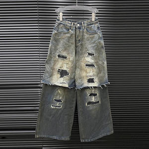 Early Autumn New Style Two Piece Double Layered Design Niche Ripped Loose Straight Leg Pants for Women's - Product Image 2
