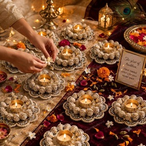 Supports de bougies chauffe-plat en perles artisanales écologiques et durables, avec travail miroir, sous-verres décoratifs en métal Diya pour Diwali - Vente en gros - Product Image 5