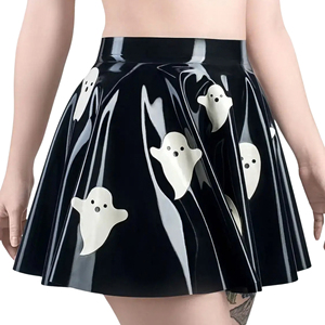 Women High Waist <b>PU</b> A-Line Mini <b>Skirt</b> With Ghost Print Shiny Pleated Style All Seasons Wear - Product Image 1