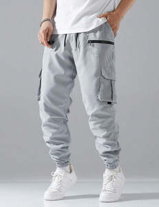 Pantalon de survêtement cargo gris pour homme, taille élastique, coupe ample, multi-poches, longueur normale, 100 % polyester, vêtements d'extérieur - Product Image 4