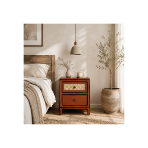 Vintage Wooden Nightstand with Rattan Drawer Front Solid Wood <b>Bedside</b> <b>Table</b> Bedroom Furniture Custom Design Manufacturer - Product Image 1