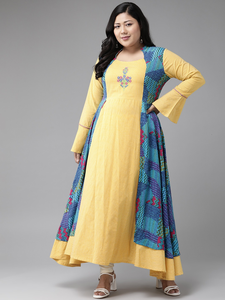 Kurta Anarkali de Rayón con Bordado de Encaje Multigeométrico al por Mayor, Tallas Grandes para Mujer, Cuello Mandarín, Mangas Largas Formales, Uso Diario - Product Image 3