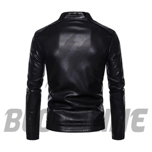 Men's Black PU <b>Leather</b> Moto Biker <b>Jacket</b> Stand Collar Slim Fit Zipper Closure Left Sleeve Claw Print Autumn Wear - Product Image 3