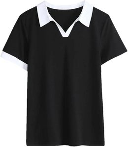 เสื้อโปโลผ้าตาข่ายน้ำหนักเบา ระบายอากาศดี คอวี สำหรับผู้หญิง แต่งขอบสีตัดกัน ดีไซน์ทันสมัย - Product Image 1