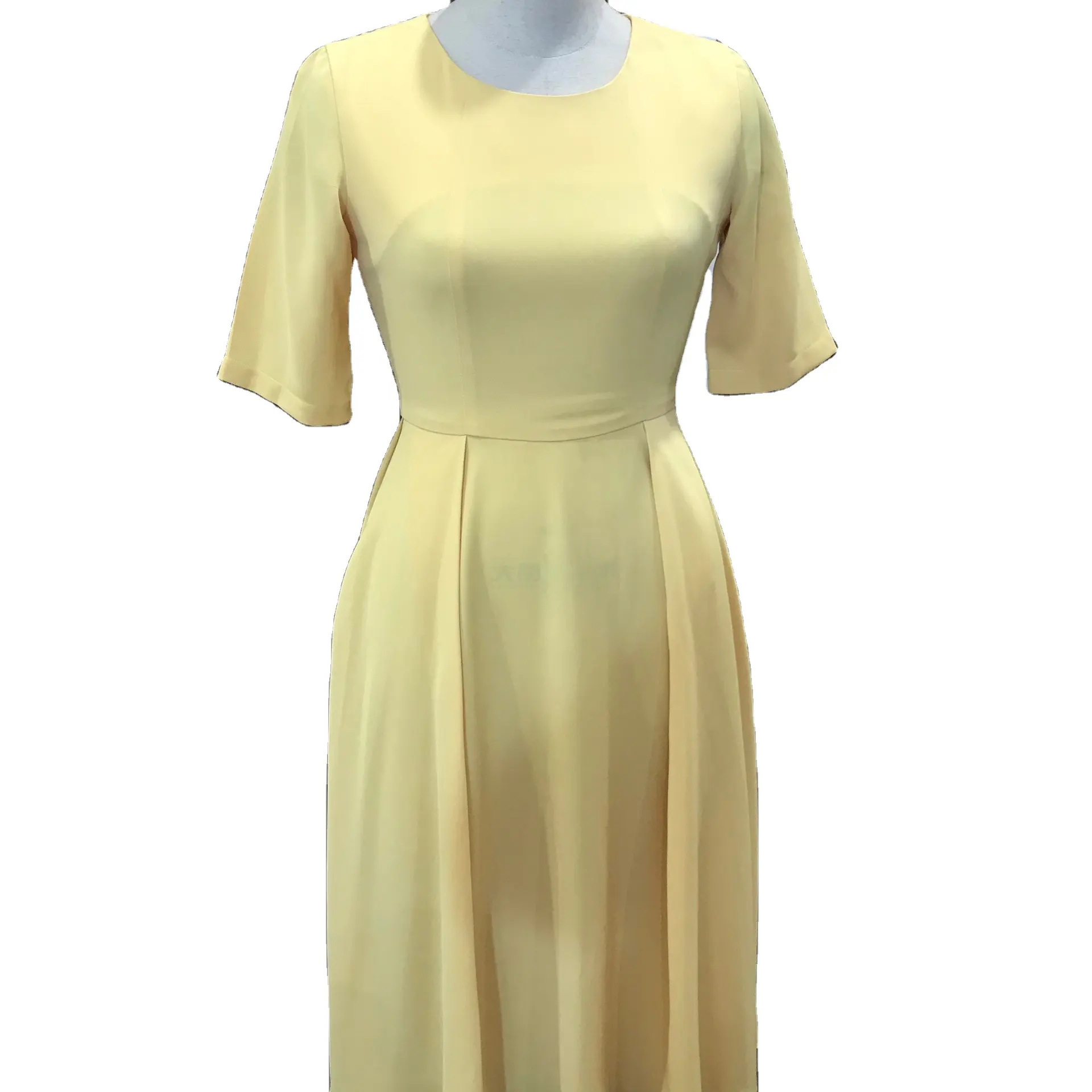 Оптовая цена, длинная рубашка из материала премиум-класса, женские офисные платья желтого цвета с круглым вырезом и талией для женщин
