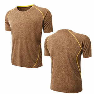 Wholesale High Quality knitted Men custom Khaki with yellow trim Cotton T <b>Shirts</b> Short Sleeve Breathable gym workout tshirt - Product Image 1
