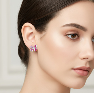 Boucles d'oreilles à nœud papillon mignonnes en argent 925 avec micro-incrustation de rubis, bijoux pour femmes à porter au quotidien - Product Image 5