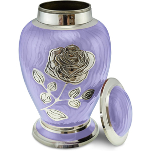 Urne funéraire moderne de couleur violette pour cendres humaines, taille adulte, en aluminium artisanal avec bande argentée et feuilles gravées, avec couvercle. - Product Image 4