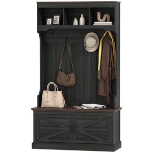Appendiabiti 3 in 1 in legno nero con cinque ganci e panca per mobili con ingresso per scarpe inclusa - Product Image 1
