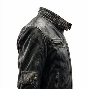 AGED BLACK LEATHER, ROUND COLLAR WITH SNAP, CENTER ZIP AND ANTIQUE <b>SILVER</b> HARDWARE MOTORBIKE <b>JACKET</b> - Product Image 4
